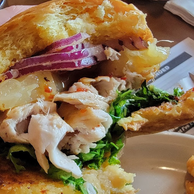 Grilled Mahi Sandwich with Pineapple Sweet Chili Glaze Red Onion and Lettuce