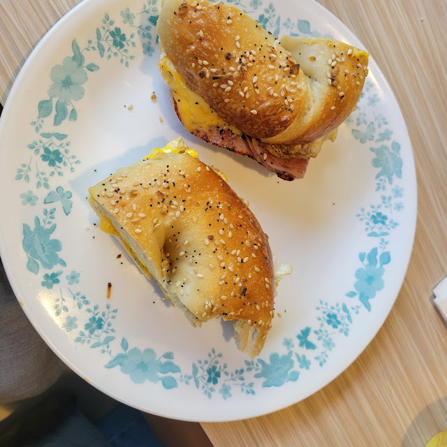 Bagle with Fried Egg Ham and Cheese