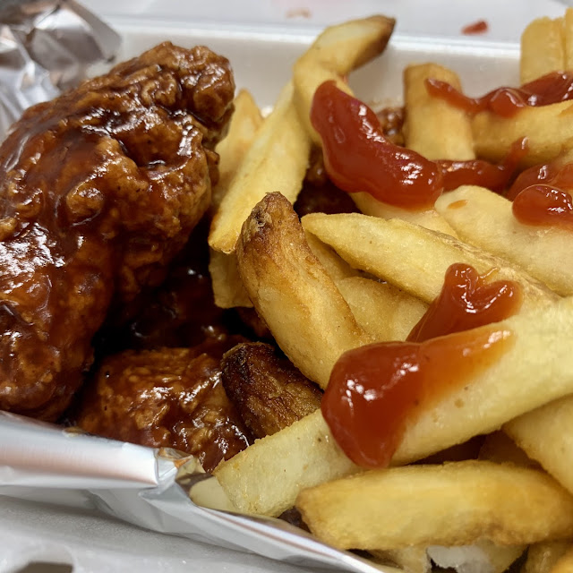 Honey BBQ Flavored Wings with Fries