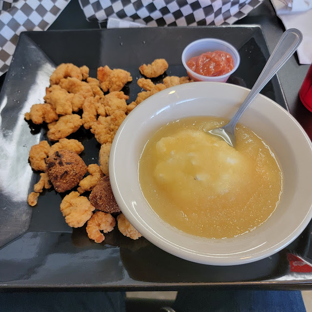 Popcorn Shrimp with Applesauce over Cottage Cheese