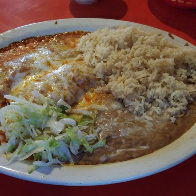 2 Beef Enchiladas with Rice and Beans