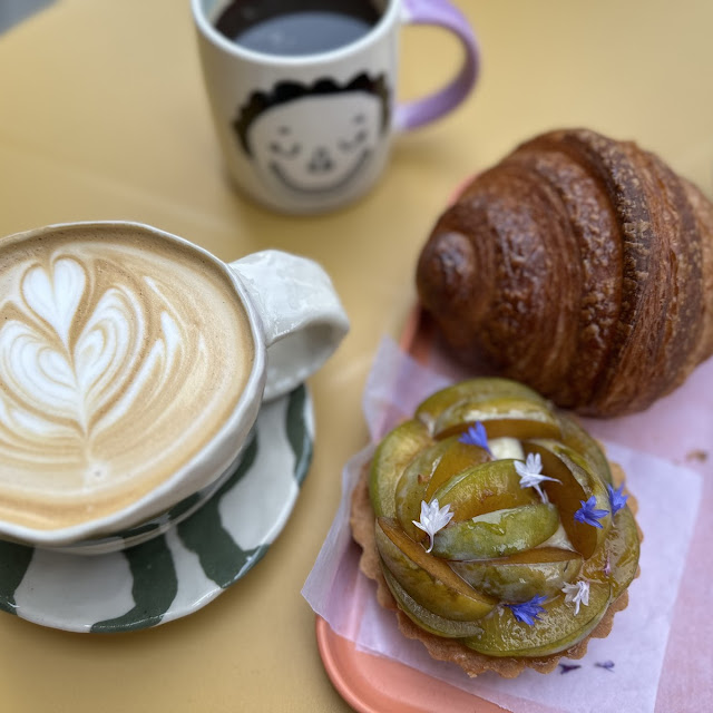Latte Americano in the Back Feature Plum Tart Butter Croissant