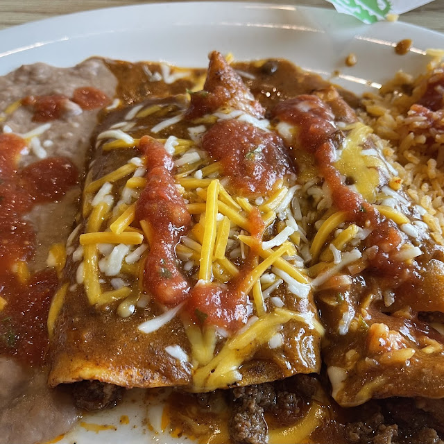 Beef Enchiladas with Rice and Beans