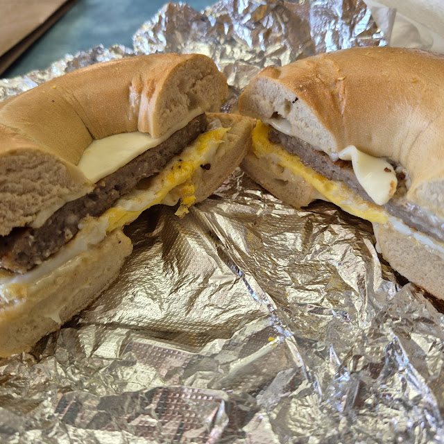 Sausage Egg and Cheese on a Toasted Plain Bagel