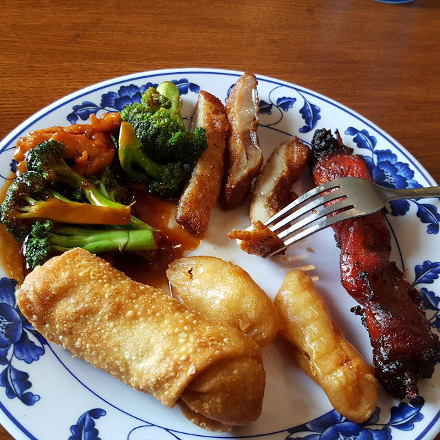 Chicken and Broccoli with Eggroll and Meat on a Stick