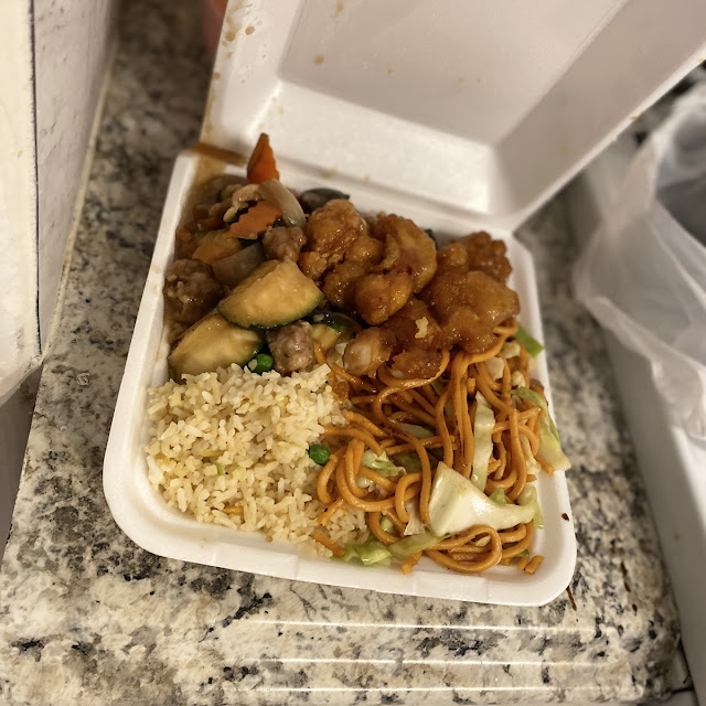 Half Fried Rice Half Chow Mein Orange Chicken and Mushroom Chicken