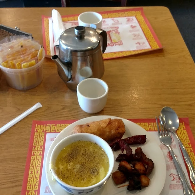 Egg Drop Soup and Egg Roll with Pork Strips