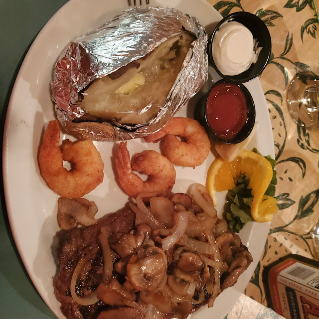Smothered Ribeye Steak and Some Deep Fried Shrimp