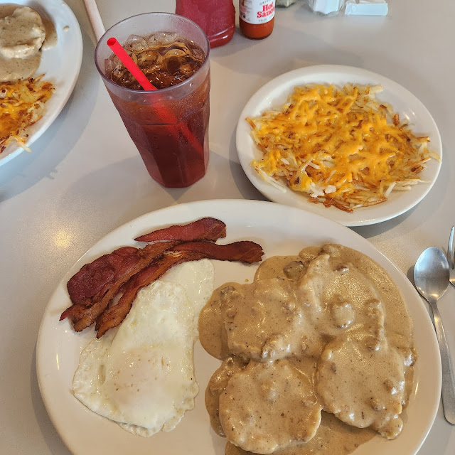 Biscuits and Gravy Bacon & Eggs and Hash Brows with Cheese