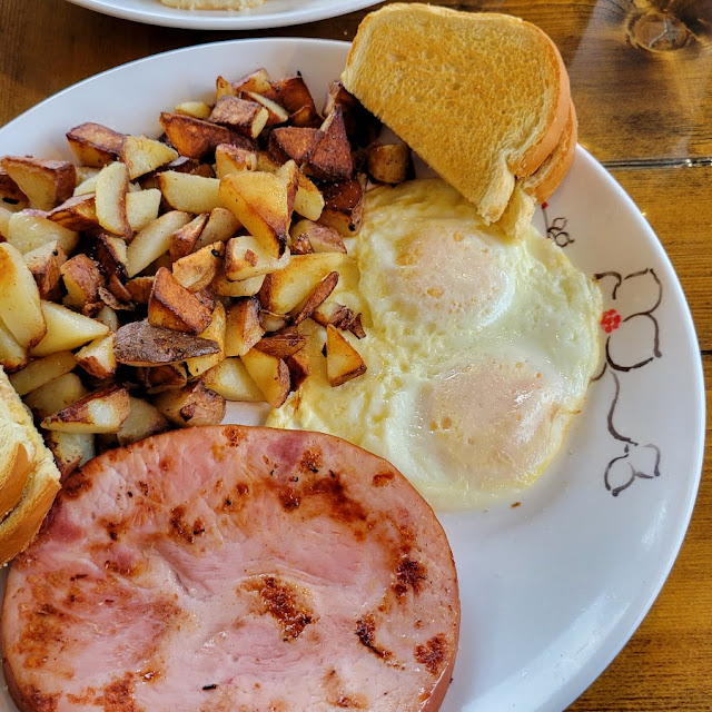 Ham and Eggs with Cubbed Potatoes and Bacon