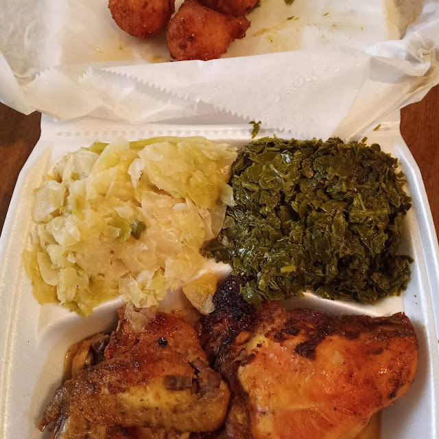 Baked Chicken Collards Cabbage Hush Puppies
