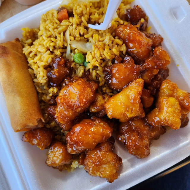 Lemon Chicken with Lo Mein and Egg Roll