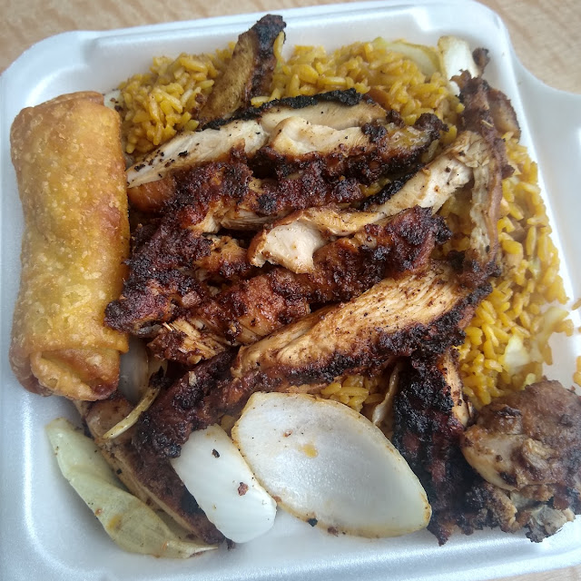 Fried Rice Blackened Chicken and Egg Roll