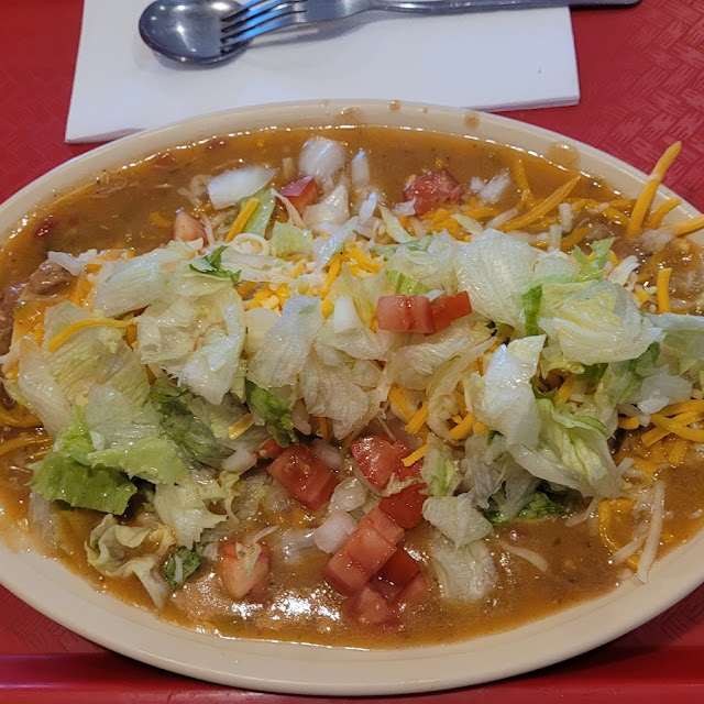 Beef Taco Cheese & Onion Enchilada Guacamole Tostada and Rice