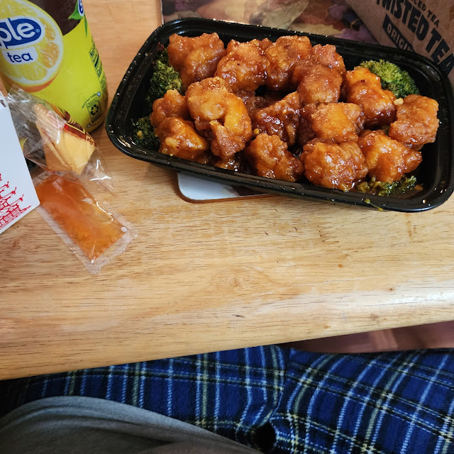 General Tsos Chicken with White Rice Shrimp Roll and Fortune Cookie and Snapple