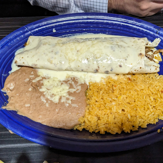 Steak and Cheese Burrito with Beans and Rice