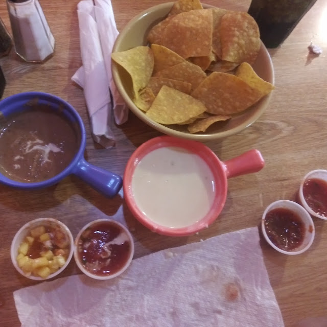 Chips Bean Dip Cheese Dip Pineapple Mango Jalapeno Salsa Cilantro Salsa