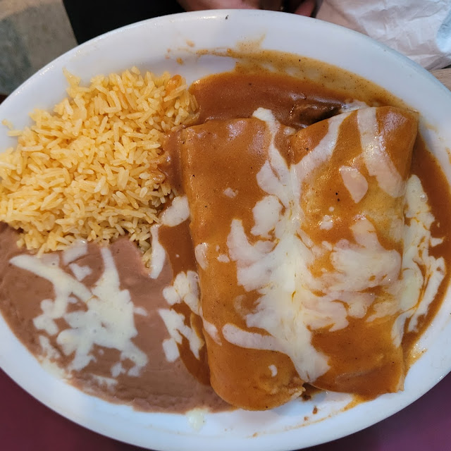 Shredded Beef Enchiladas Rice & Beans