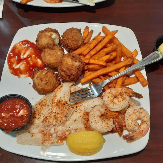 Broiled Shrimp & Flounder with Hushpuppies & Sweet Patato Fries