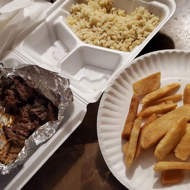 Combo Plate with Grilled Chicken and Steak Tips with Rice Pilaf and Steak Fries
