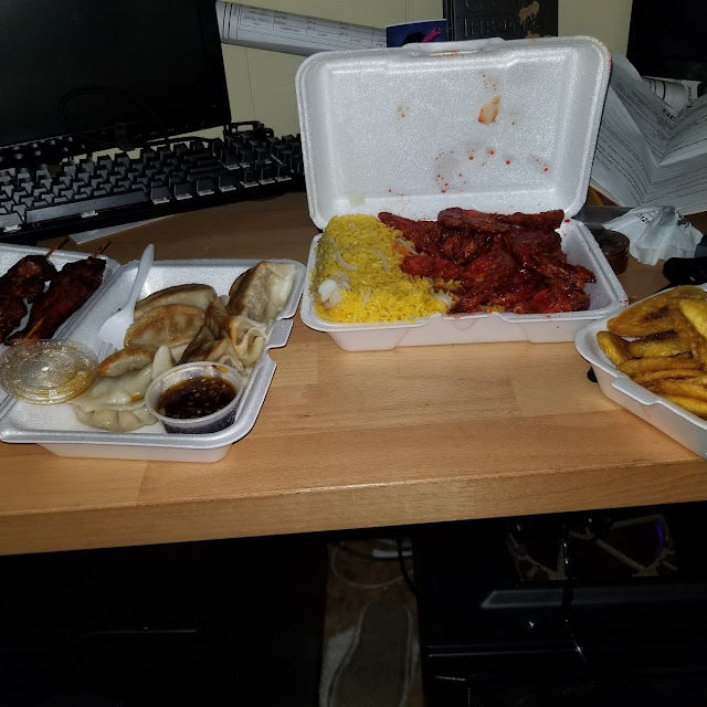 Teriyaki Chicken Sticks BBQ Chicken Shrimp Fried Rice Fried Dumplings and Fried Plantain