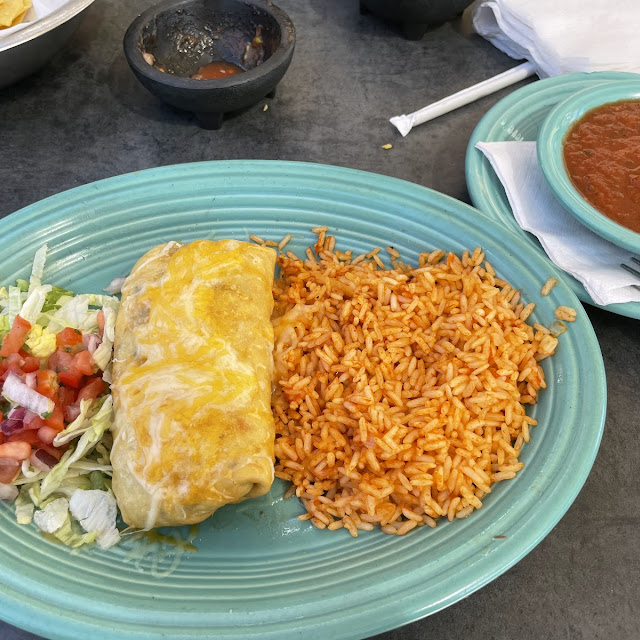 Shredded Beef Burrito with Rojo Sauce Rice and Beans