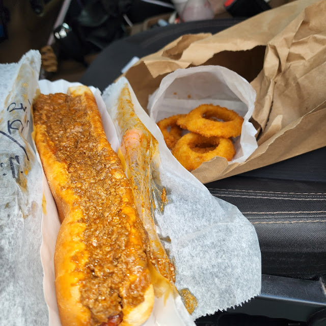 Foot Long Chili Dog and Onion Rings