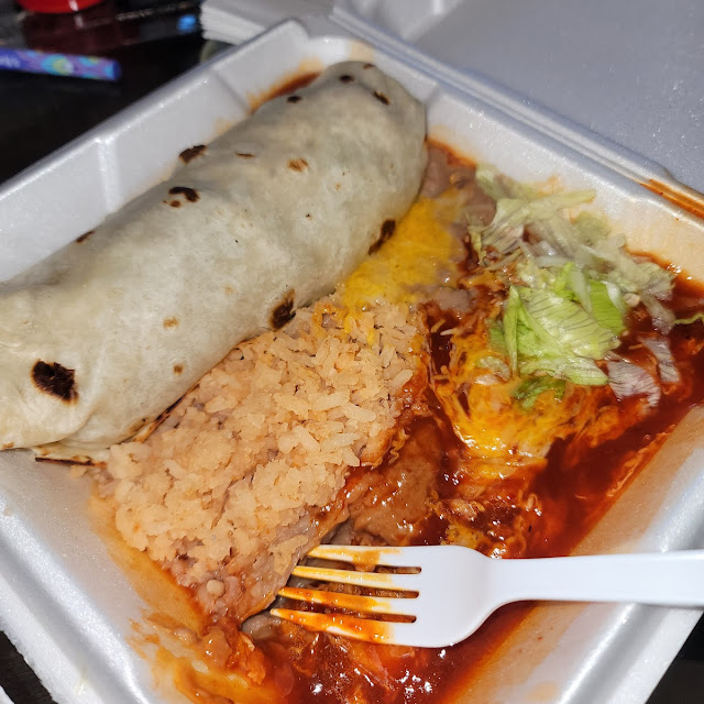 6 a Burrito and Enchilada w Rice and Beans
