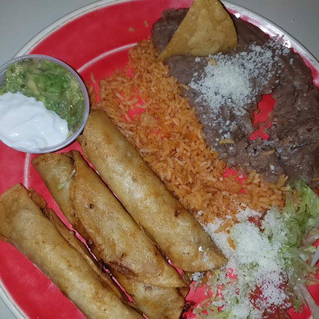 Chicken Flautas with Beans and Rice on the Side