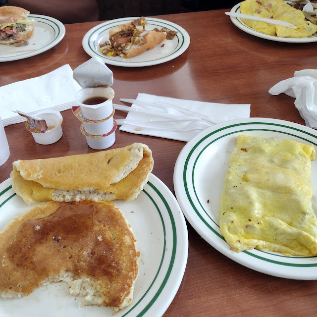 Bacon Mushroom Swiss Cheese Omelette and Pancakes