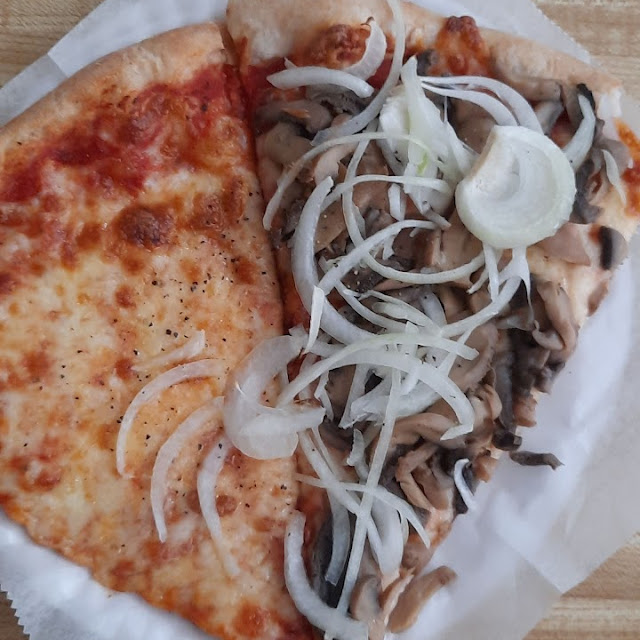 Two Slices One Plain One Onions and Mushrooms