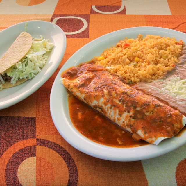 Chicken Chimichanga Plate w blk Beans and Rice
