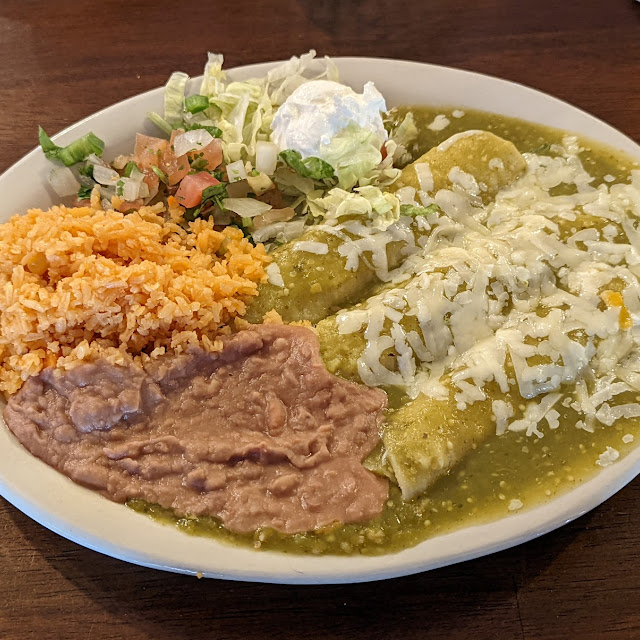 Green Chicken Enchiladas with Rice and Beans