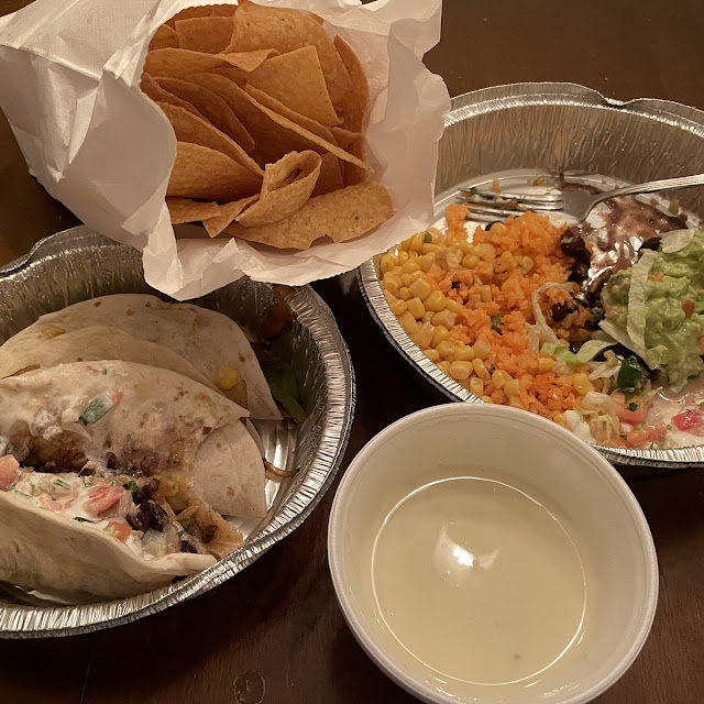 Veggie Tacos and Chips and Queso