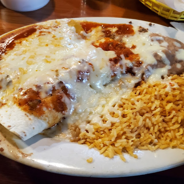 One Burrito and One Enchilada with Rice and Beans