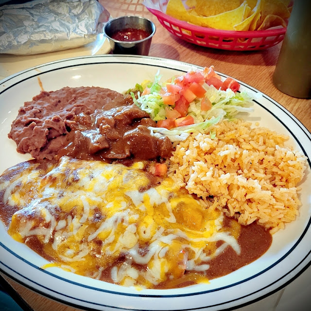 Enchiladas Carne Guisada Rice and Beans