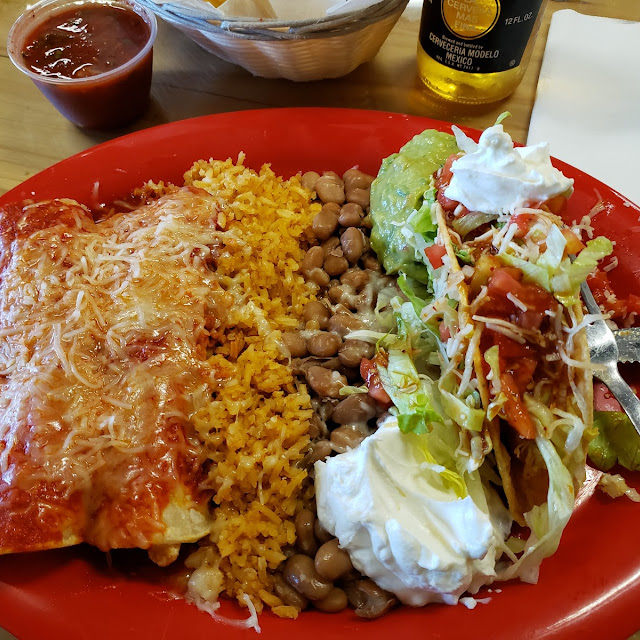 Chicken Enchiladas Steak Taco Rice and Beans