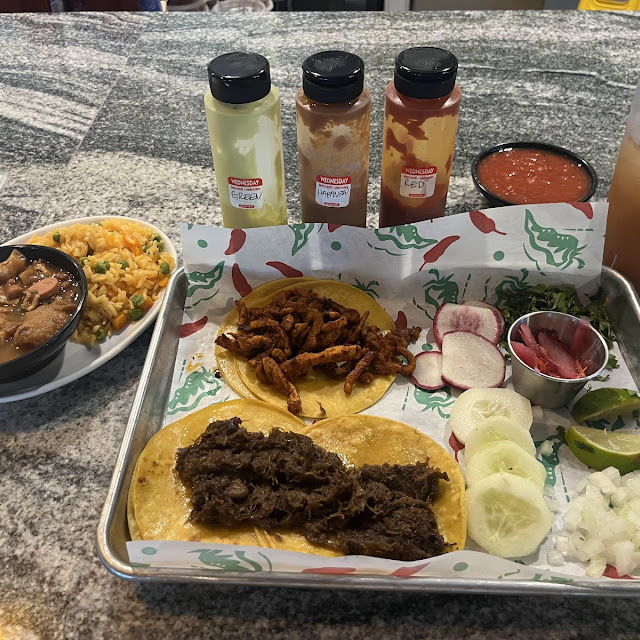 Taco Platter Includes 4 Tacos Beans and Rice with All the Fixings