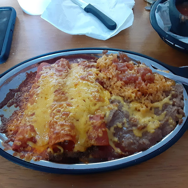 3 Beef Enchiladas with Rice and Beans