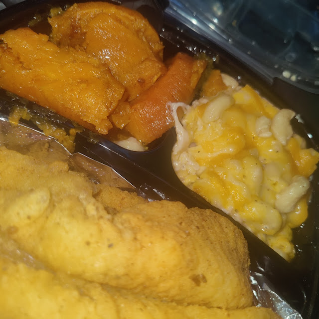 Fish Dinner with Mac and Cheese and Yams