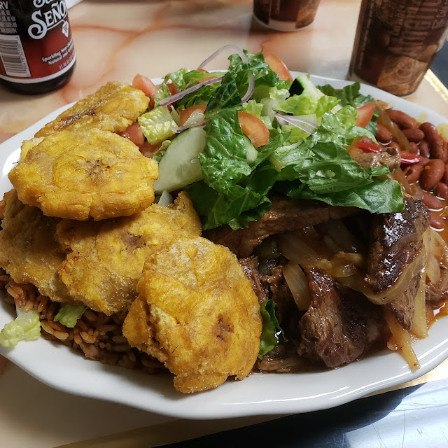 Steak and Onion Rice Beans Salad Patacones