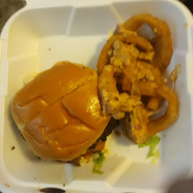 Double Cheeseburger with Onion Rings and Scoop of Rotel