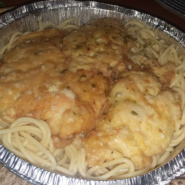 Shrimp Parmigiana over Spaghetti