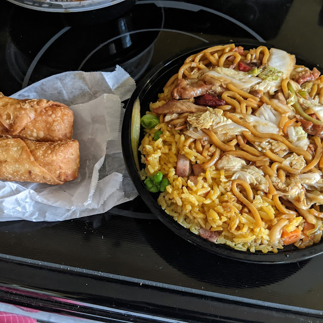 Pork Lo Mein Lunch Special with Pork Fried Rice and Egg Rolls