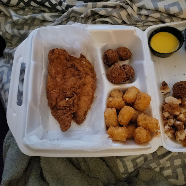 Jumbo Chicken with Hush Puppies and Tater Tots