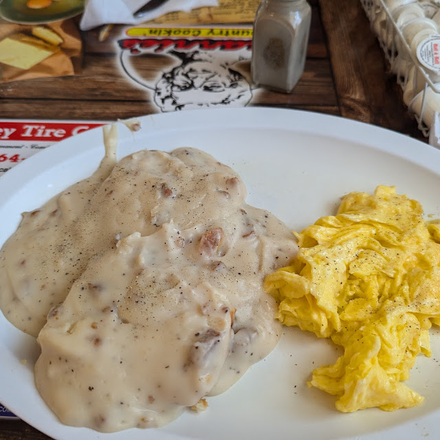 Biscuit and Gravy with Two Eggs Scrambled