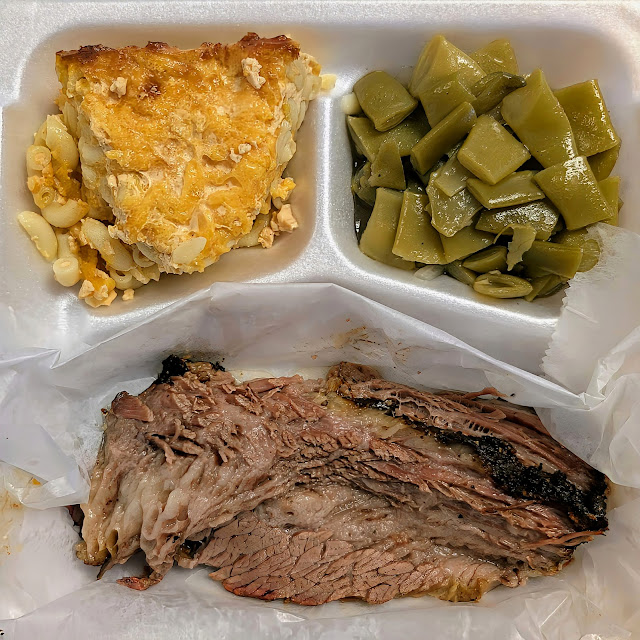 Smoked Brisket with Green Beans and Mac and Cheese