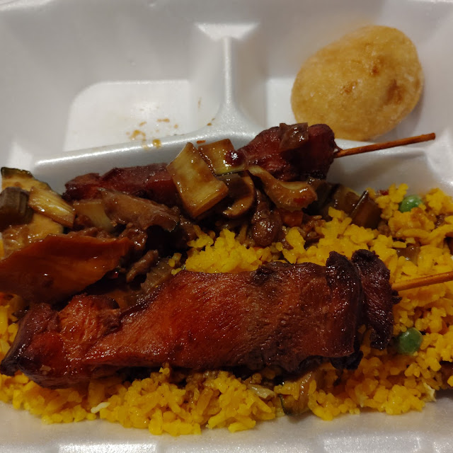 Vegetable Fried Rice with Pork Meat on a Skewer and Sugar Coated Biscuit