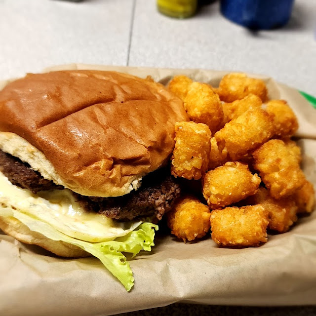 Cheese Burger and Sweet Potatoe Tots