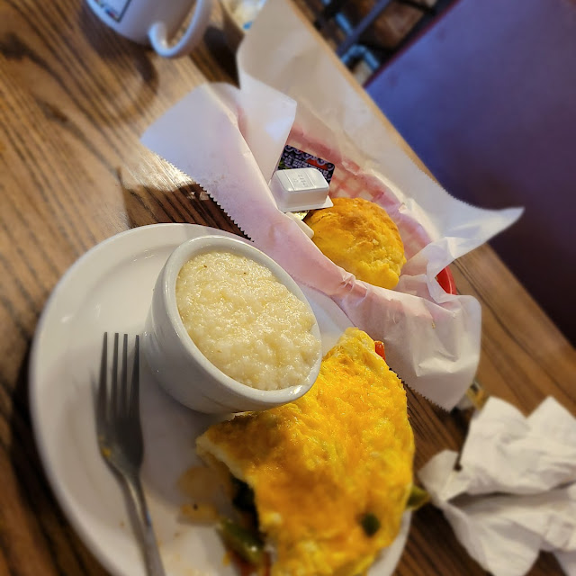 Grits with an Omelette and Coffee